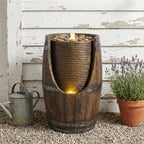 Outdoor Barrel Water Fountain with Lights Rustic Wood Look Resin Handmade Waterfall Garden Decor for Patio Yard Porch
