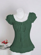 Womens Summer Solid White Ruffle Short Sleeve Blouse