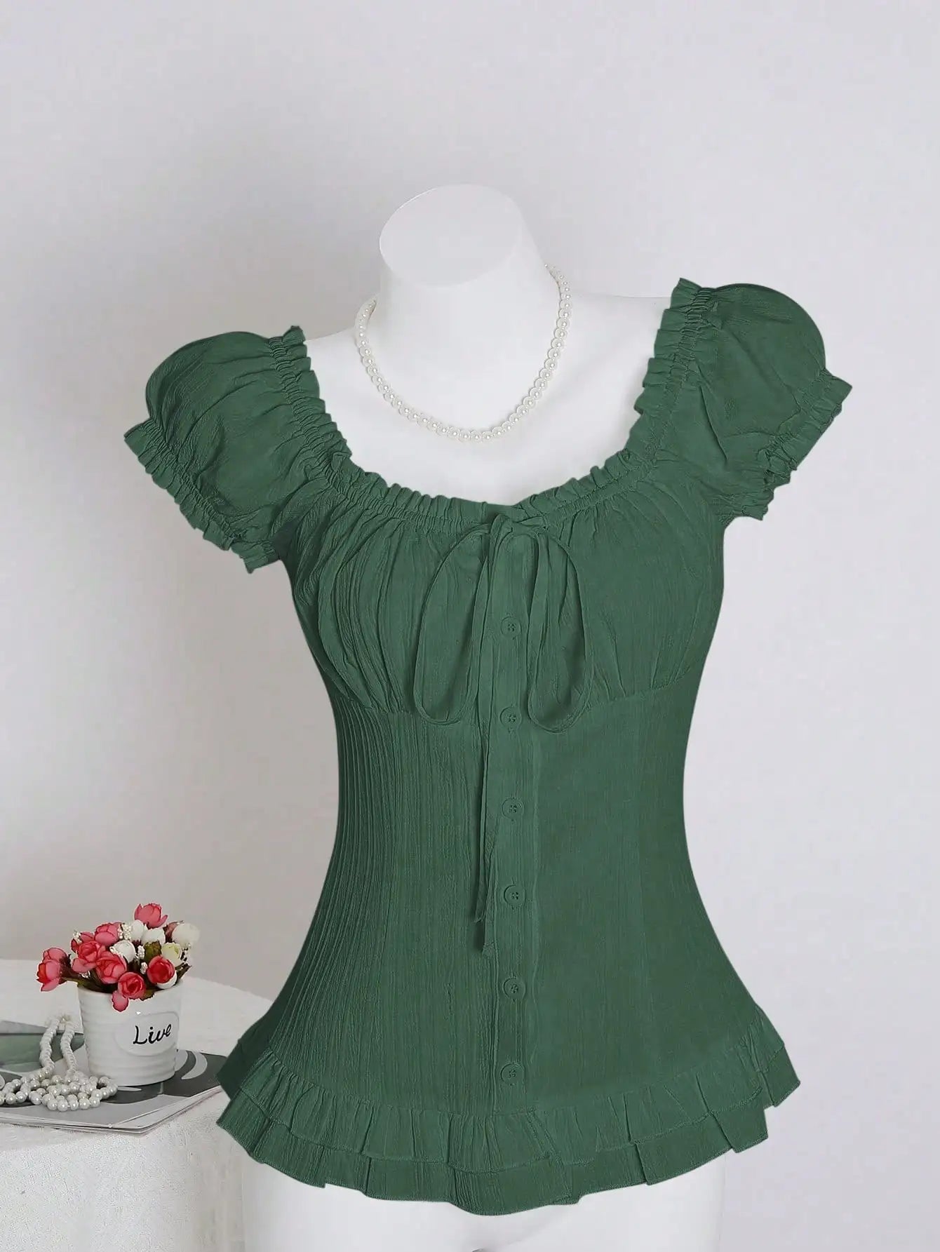 Womens Summer Solid White Ruffle Short Sleeve Blouse