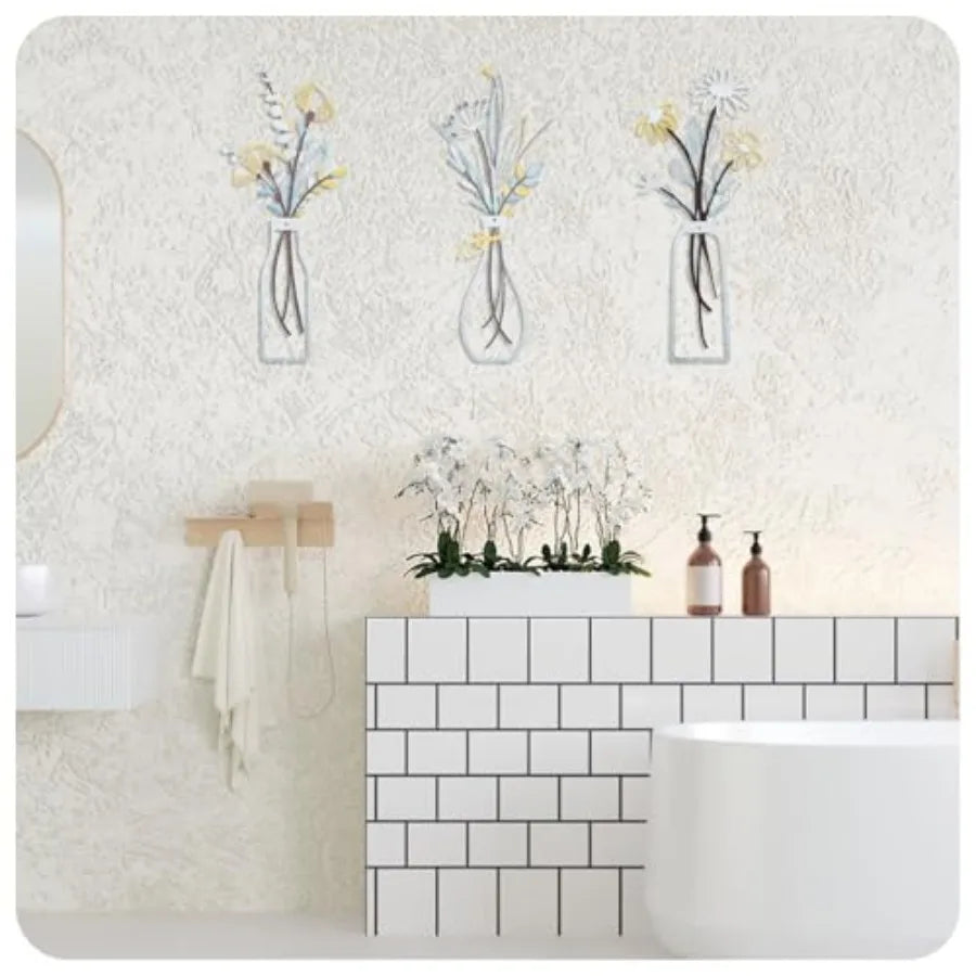 3 Pcs Metal Flowers Wall Art for Living Room, Dining Room, Bedroom Decor Minimalist Floral Vases Wall Decor Boho Metal Wall Art