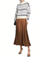Womens Brown Satin Midi Skirt High Waisted Wrap Tie Flowy A-Line For Casual Office Date