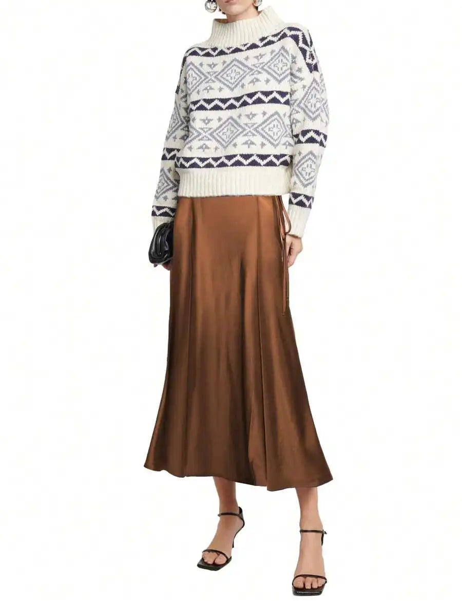Womens Brown Satin Midi Skirt High Waisted Wrap Tie Flowy A-Line For Casual Office Date