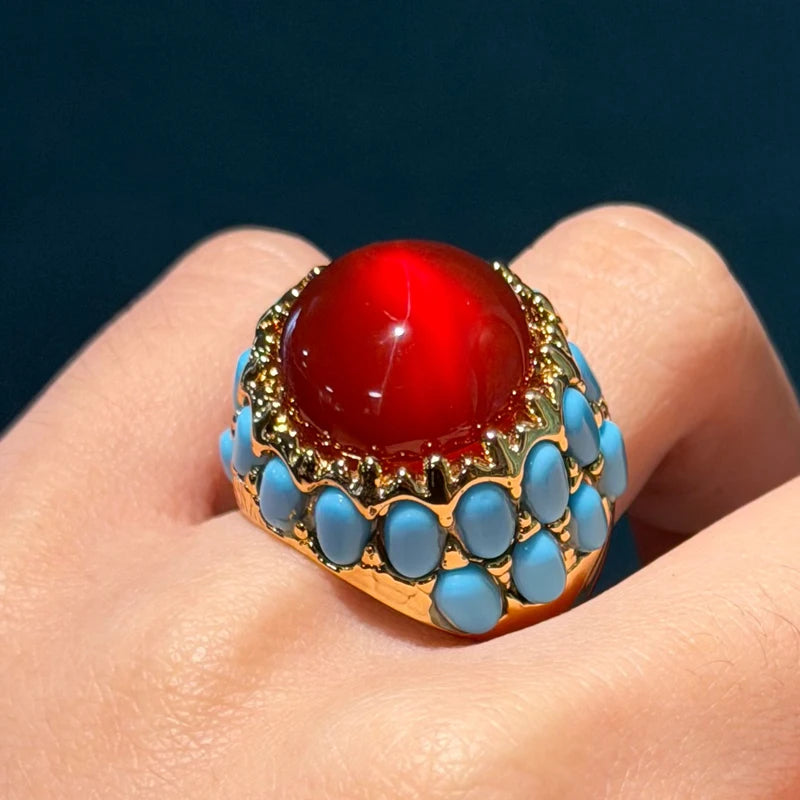 Vintage Red Stone Rings For Woman Round High Quality Blue Glaze Gold Color Luxury Designer Jewelry Accessories Party 2026