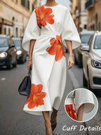 Women Elegant White Midi Wrap Dress Big Red Floral Print Puff Lantern Sleeve Belted Waist V Neck Formal Party Midi Dresses Vintage Chic Streetwear Wedding Guest Outfit