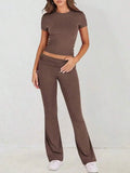 Womens Two Piece Casual Sport Set Round Neck Short Sleeve Top And Straight Pants