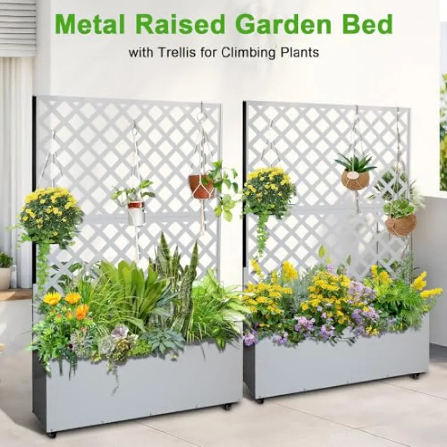 Metal Planter Box with Trellis 73"x47"x12" Raised Garden Bed with Trellis and Wheels Outdoor Garden Box with Privacy Screen and