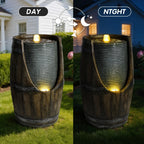 Outdoor Water Fountain with Bird Waterer, Rustic Barrel Garden Fountain with LED Lights and Pump, Faux Wood Resin Water Feature for Patio Backyard Porch Yard