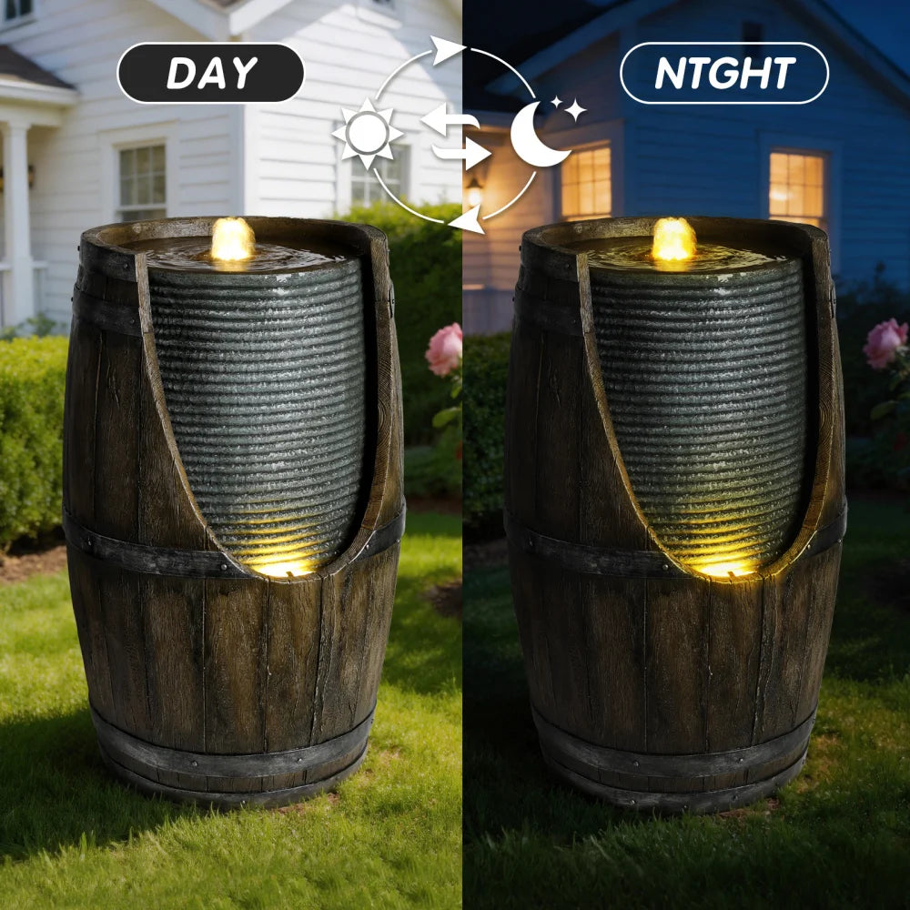 Outdoor Water Fountain with Bird Waterer, Rustic Barrel Garden Fountain with LED Lights and Pump, Faux Wood Resin Water Feature for Patio Backyard Porch Yard