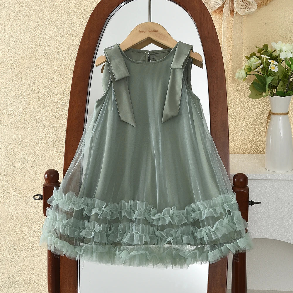 Bear Leader 2025 Korean Bow Sleeveless Mesh Princess Dress Baby Girl Wedding Party Birthday Easter Summer