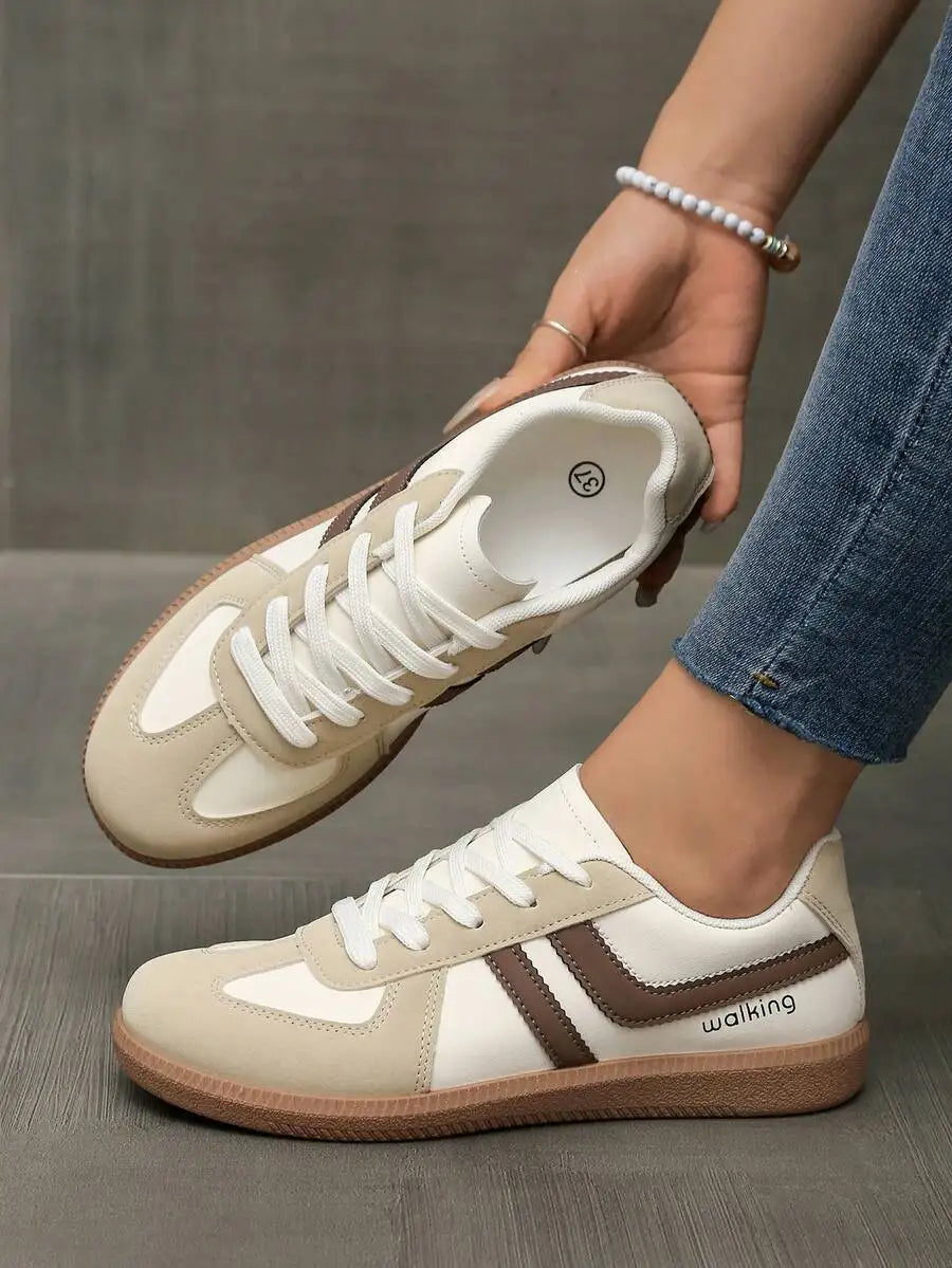 Womens Pink Casual Flat Sneakers With White Stripes Comfortable Lace-Up Shoes For Spring Summer