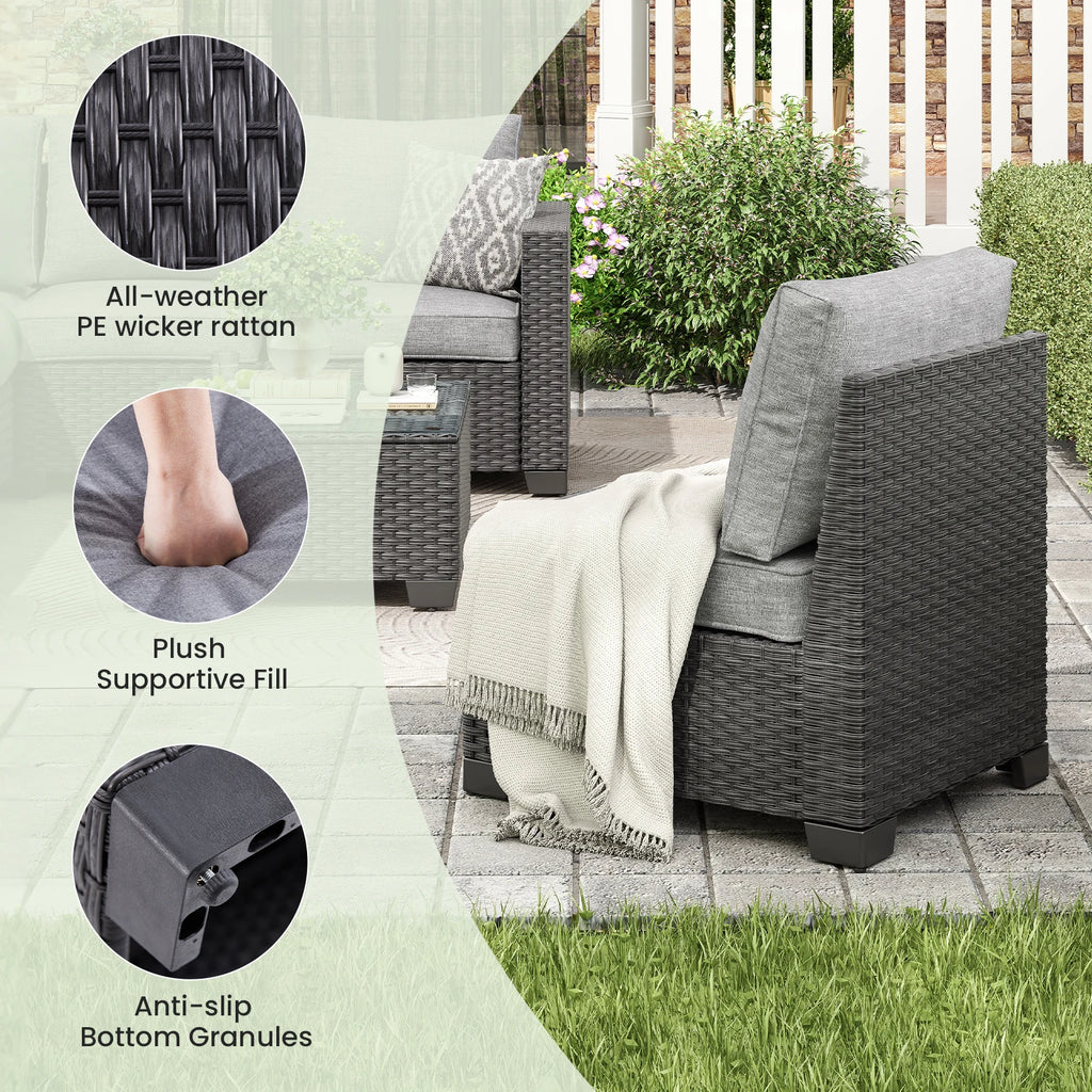 Farini Patio Sectional Sofa Set, Outdoor Furniture with Ottoman, Water/Oil/Stain-Resistant Fabric, Dark Gray Cushion + Gray Wick