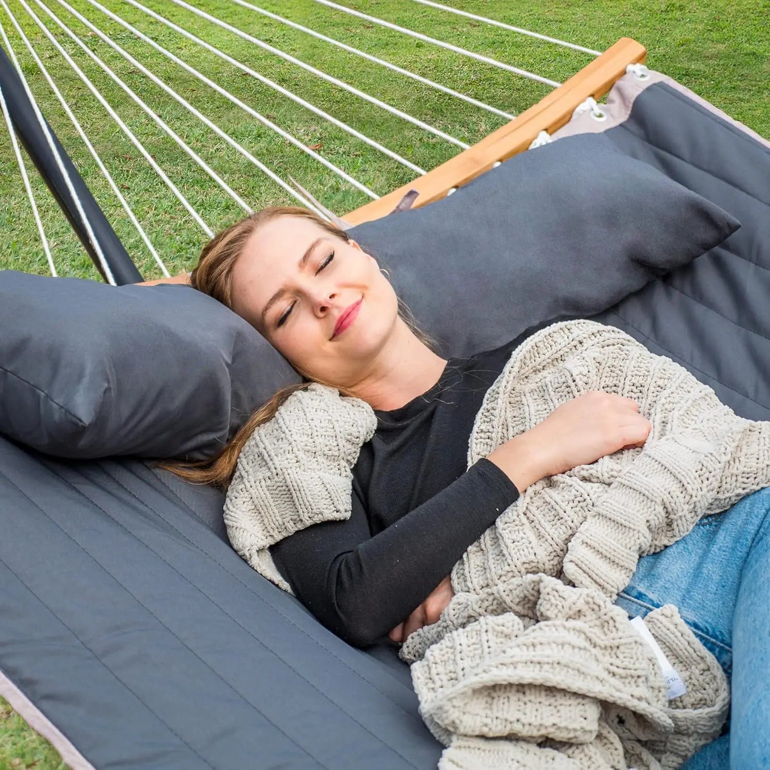 Outdoor 2-Person Portable Hammock with Stand, Curved Spreader Bar and Balance Ropes, Dark Gray