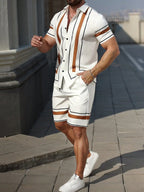 Men's Vertical Stripe Short Sleeve Button-Down Shirt And Shorts Set Summer Casual