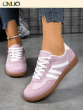 Womens Pink Casual Flat Sneakers With White Stripes Comfortable Lace-Up Shoes For Spring Summer