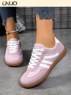 Womens Pink Casual Flat Sneakers With White Stripes Comfortable Lace-Up Shoes For Spring Summer