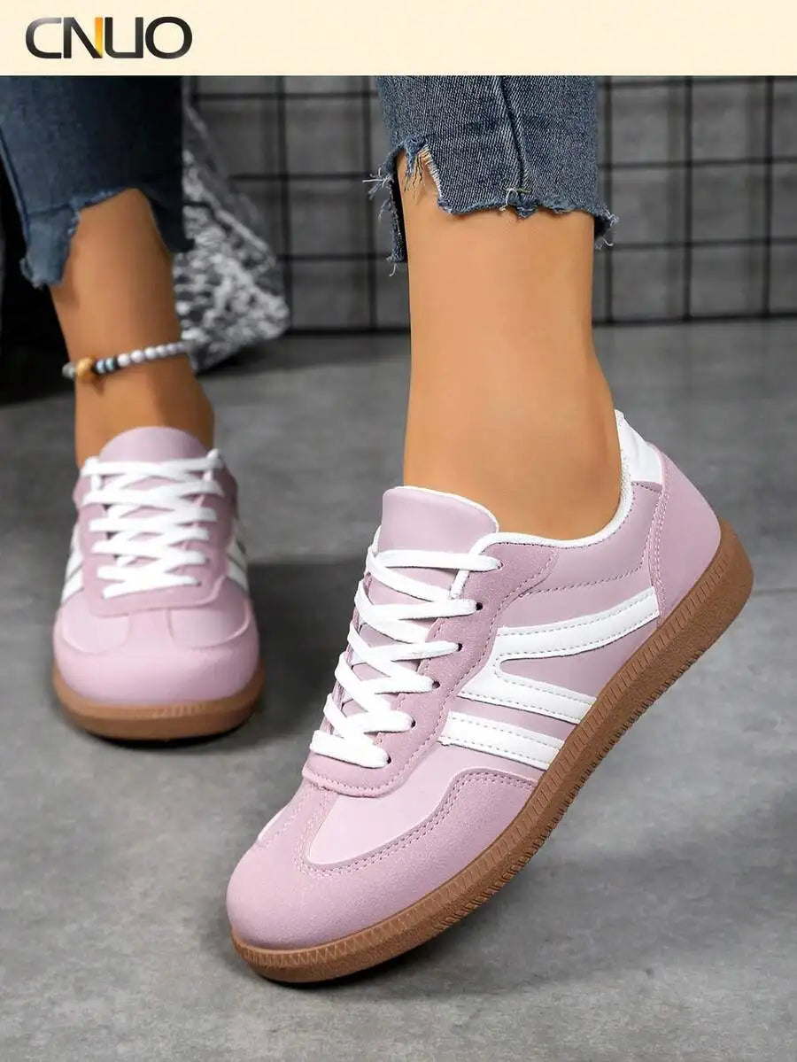 Womens Pink Casual Flat Sneakers With White Stripes Comfortable Lace-Up Shoes For Spring Summer