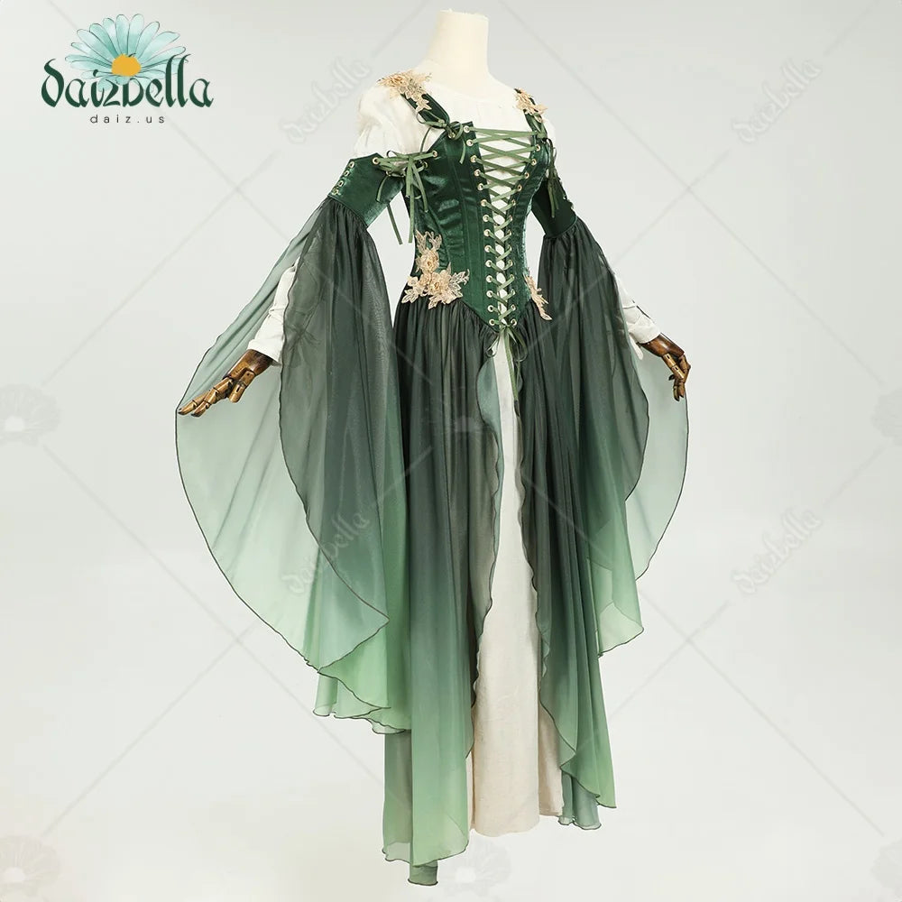 US Stock DAIZBELLA Women's Medieval Renaissance Costume Elf Style Only Green Dress with Sleeves for Halloween Cosplay Costume