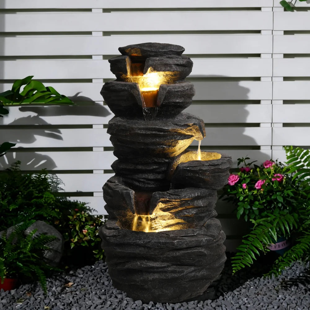 Outdoor Rock Water Fountain with Lights Multi Tier Cascading Waterfall Resin Garden Fountain for Patio Yard Porch Landscape