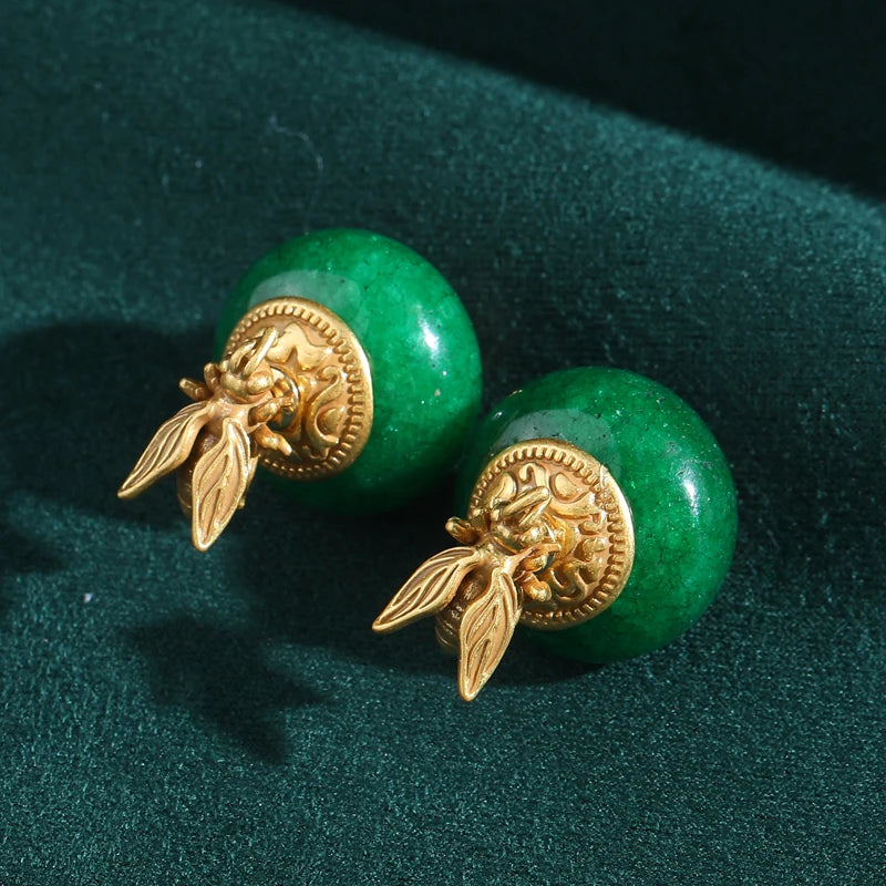 Vintage Ancient Gold Color Bee Green Natural Stone Stud Earrings Woman Elegant Woman Luxury Quality Jewelry Designer Gift 2026