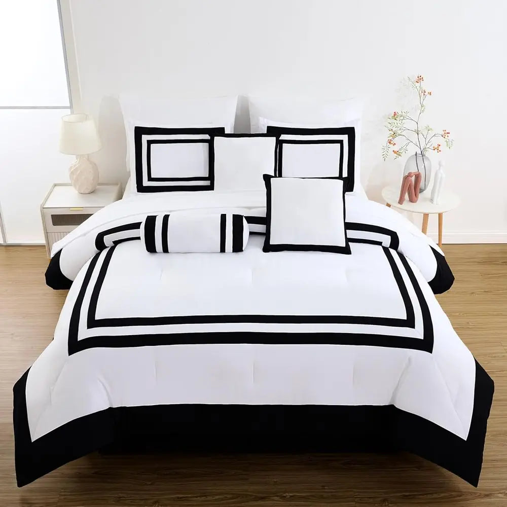 7-Piece Hotel Style Comforter Set - White/Black Square Color Block Bedding with Pillows - Luxurious Lightweight All Season Beddi