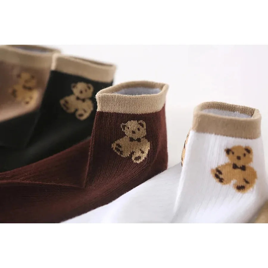 5 Pairs of Cute Teddy Bear WOMEN'S Short Socks with Shallow Mouthed Spring and Summer Casual Matching Short Tube Boat Socks