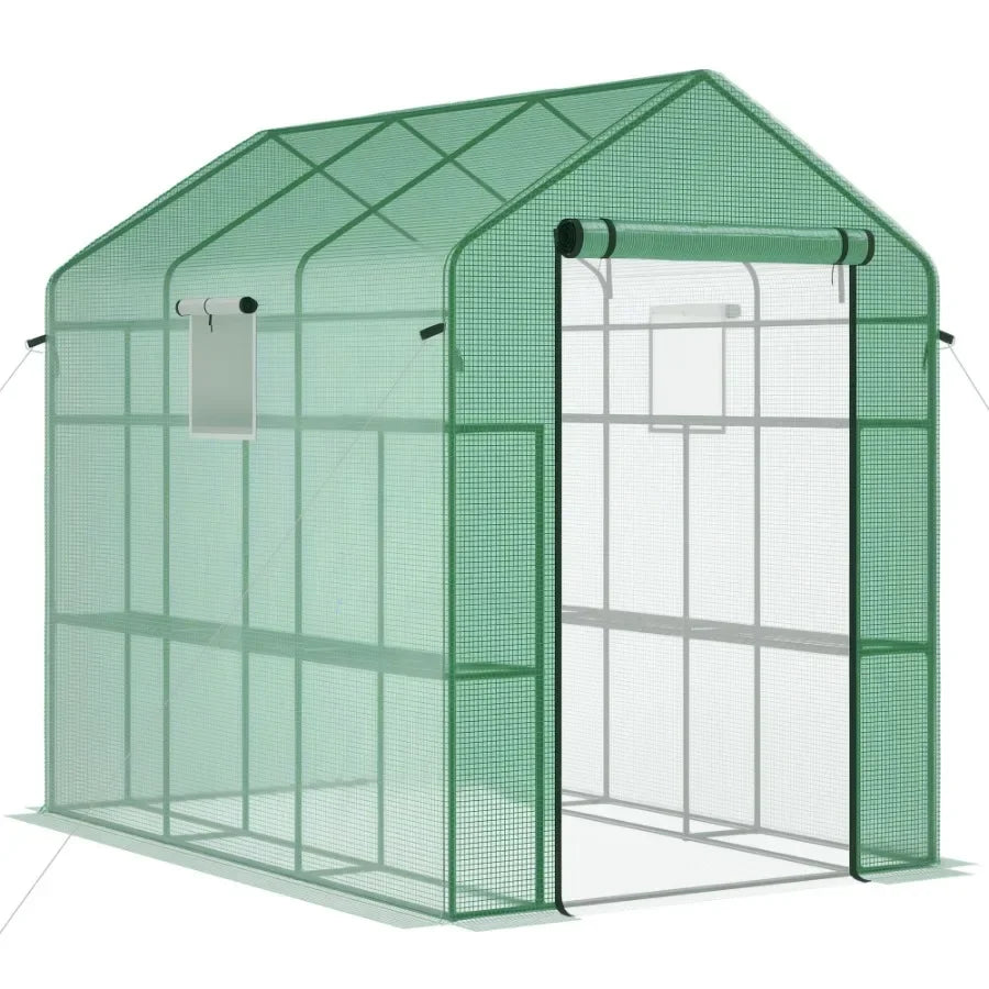 Outdoor walk-in greenhouse 7' x 5' x 6' with UV-protective green polyethylene cover, steel frame, mesh door and windows, includ