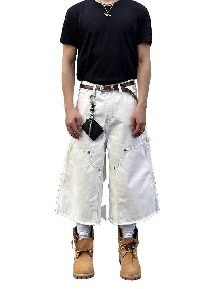 Men's White Baggy Wide Leg Carpenter Denim Jorts Frayed Raw Hem Y2K Street Style Casual Daily Going Out Loose Fit Streetwear Shorts