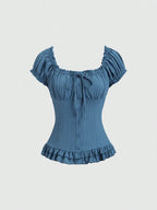 Womens Summer Solid White Ruffle Short Sleeve Blouse