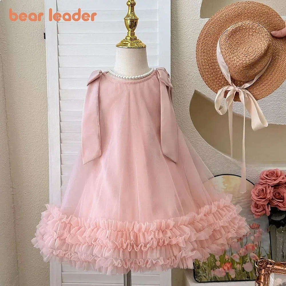 Bear Leader 2025 Korean Bow Sleeveless Mesh Princess Dress Baby Girl Wedding Party Birthday Easter Summer