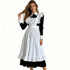 Women Gothic Nun Maid Cosplay Costume Long Sleeve Black Dress White Ruffle Apron Cross Pendant Vintage Victorian Lolita Outfit Halloween Carnival Cafe Waitress Uniform