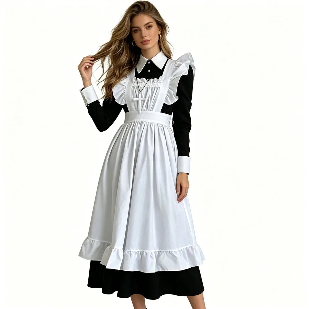 Women Gothic Nun Maid Cosplay Costume Long Sleeve Black Dress White Ruffle Apron Cross Pendant Vintage Victorian Lolita Outfit Halloween Carnival Cafe Waitress Uniform