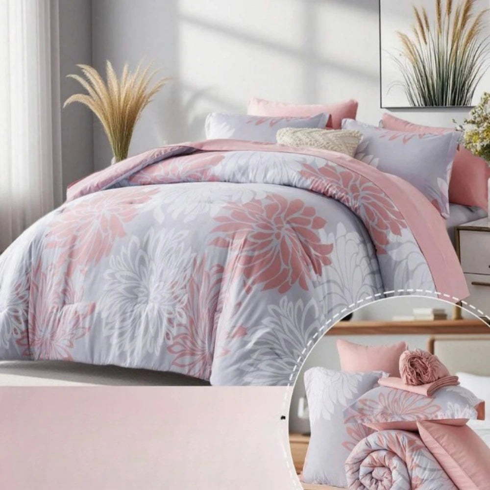 Twin Size Floral Printed Bed In A Bag 5Pcs, Chic Pattern Comforter Set, Ultra Soft Summer Bedding, Practical Bedding for Hotel & Room Decoration