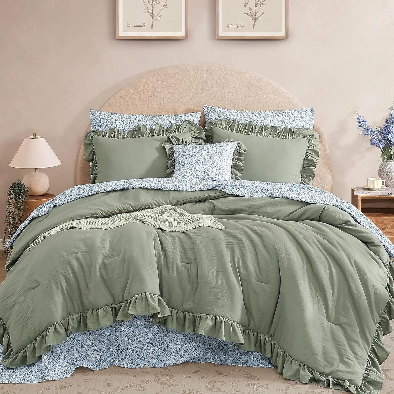 Queen Comforter Set - 7 Pieces Ruffle Sage Green Bedding, Shabby Chic Farmhouse Style with Floral Sheets & Pillowcases