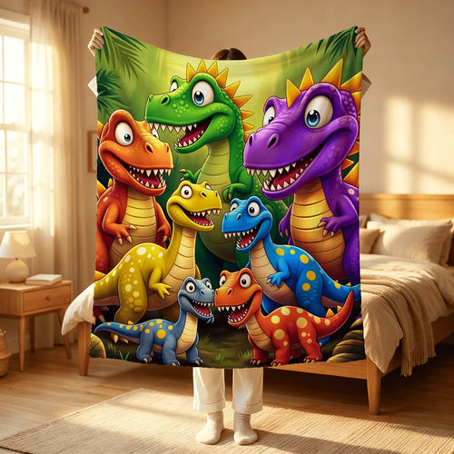 Adorable Dinosaur-Print Flannel Blanket, Soft Warm All-Season for Bed or Sofa, Cozy Comfort Throw