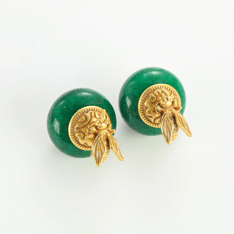 Vintage Ancient Gold Color Bee Green Natural Stone Stud Earrings Woman Elegant Woman Luxury Quality Jewelry Designer Gift 2026