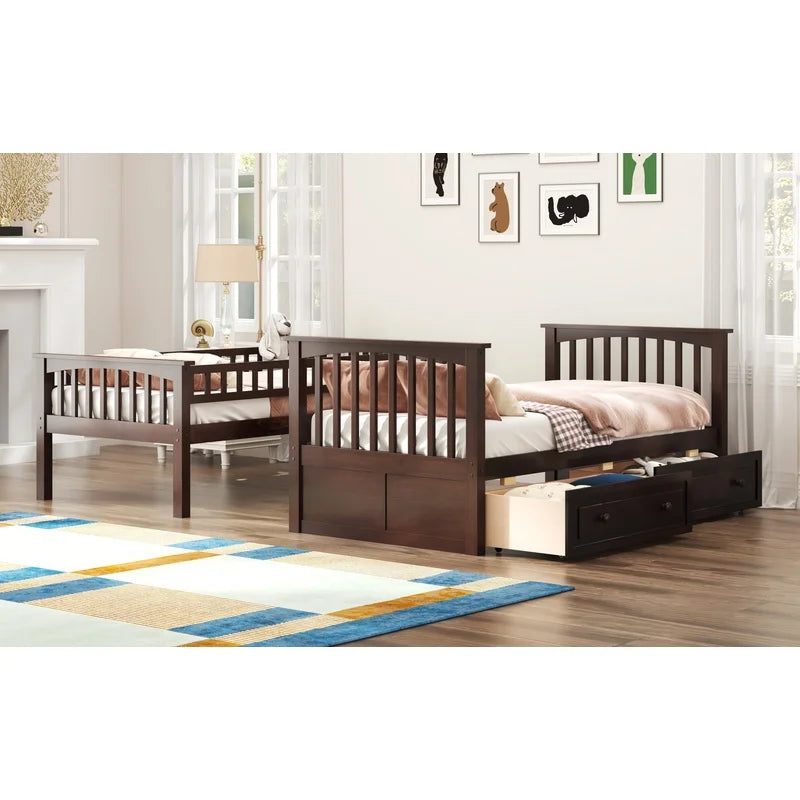 Espresso Twin Over Twin Bunk Bed with Storage Drawers, Convertible Design