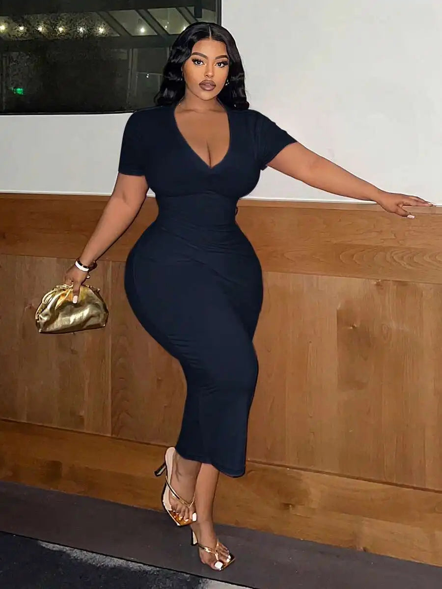 Women Plus Size V-Neck Short Sleeve Bodycon Midi Dress