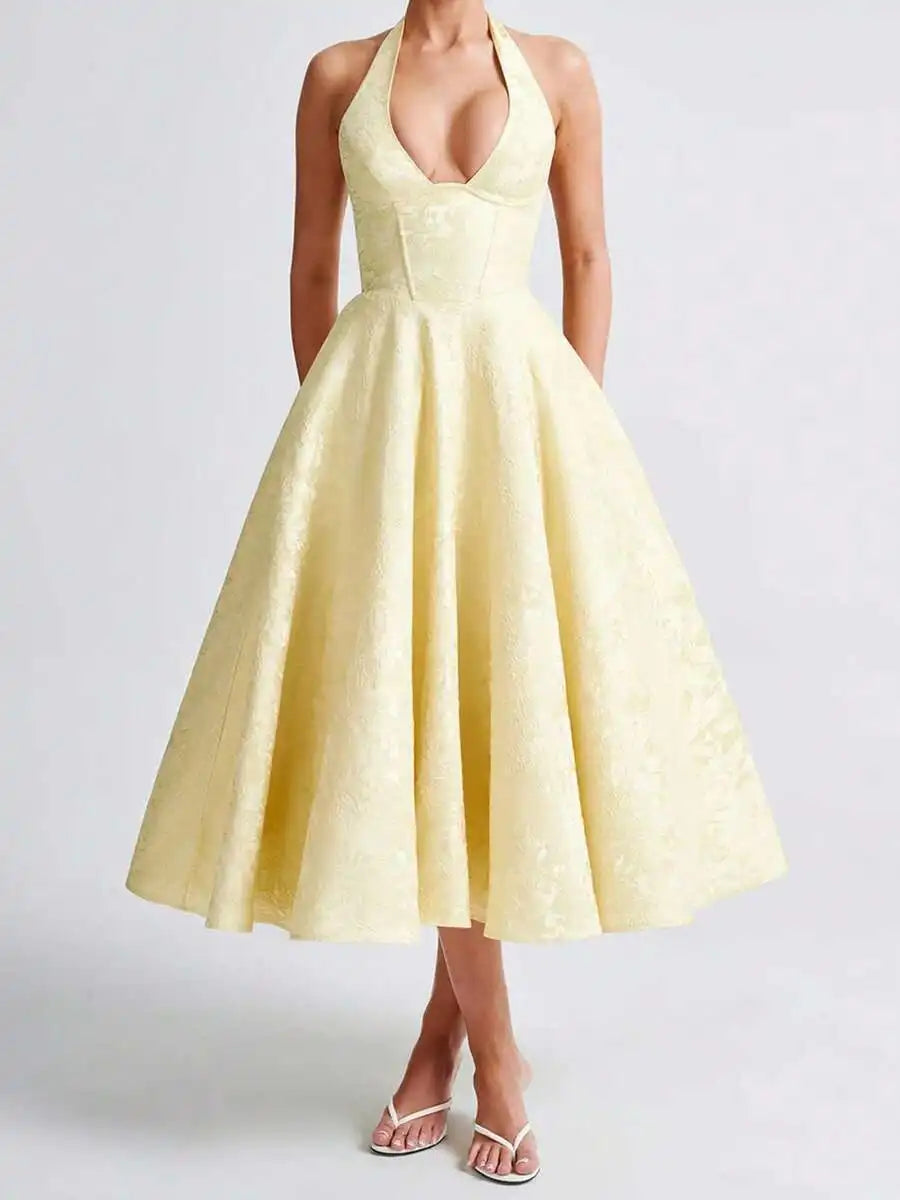 Women Jacquard Halter A-Line Tea-Length Dress For Evening Party
