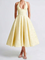 Women Jacquard Halter A-Line Tea-Length Dress For Evening Party