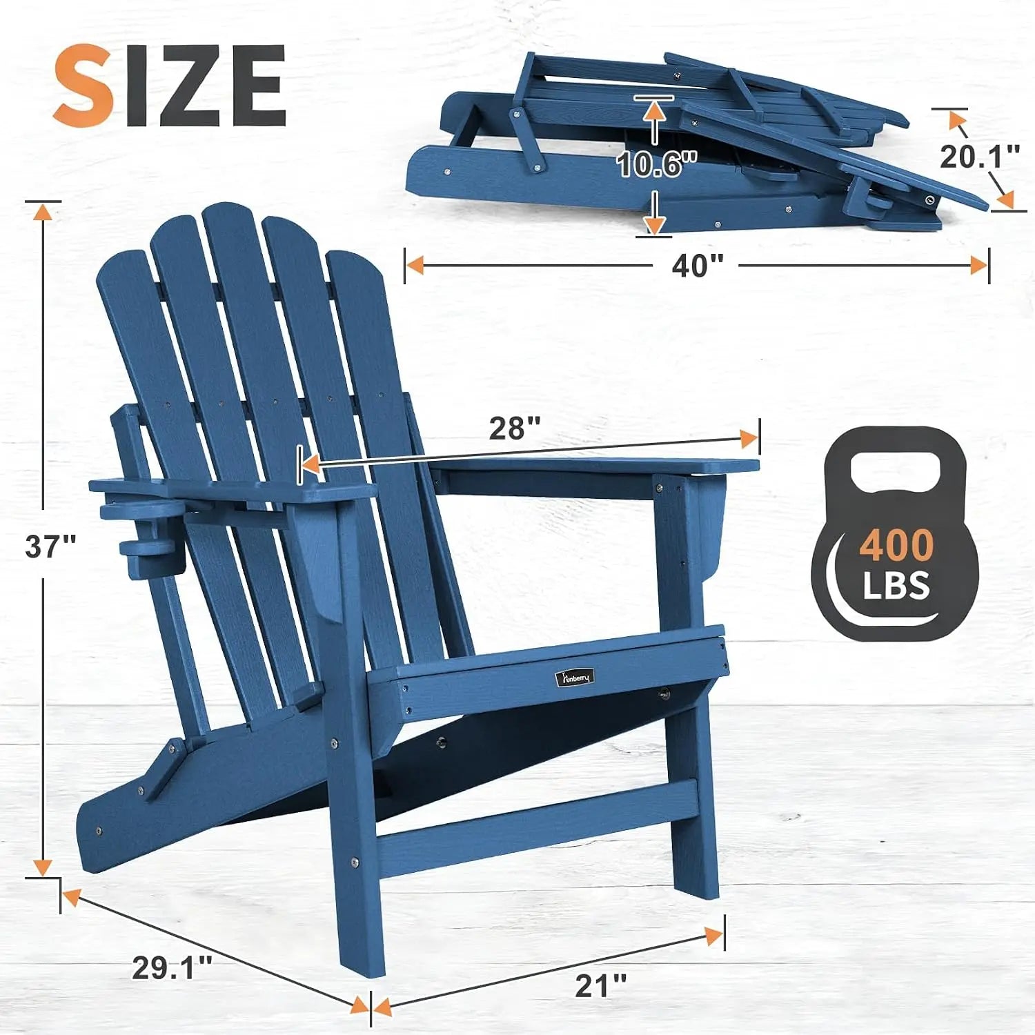 Folding Adirondack Chairs Set of 2, All Weather HDPE Wood Texture Fire Pit Chairs with Cup Holder for Outdoor, Customized