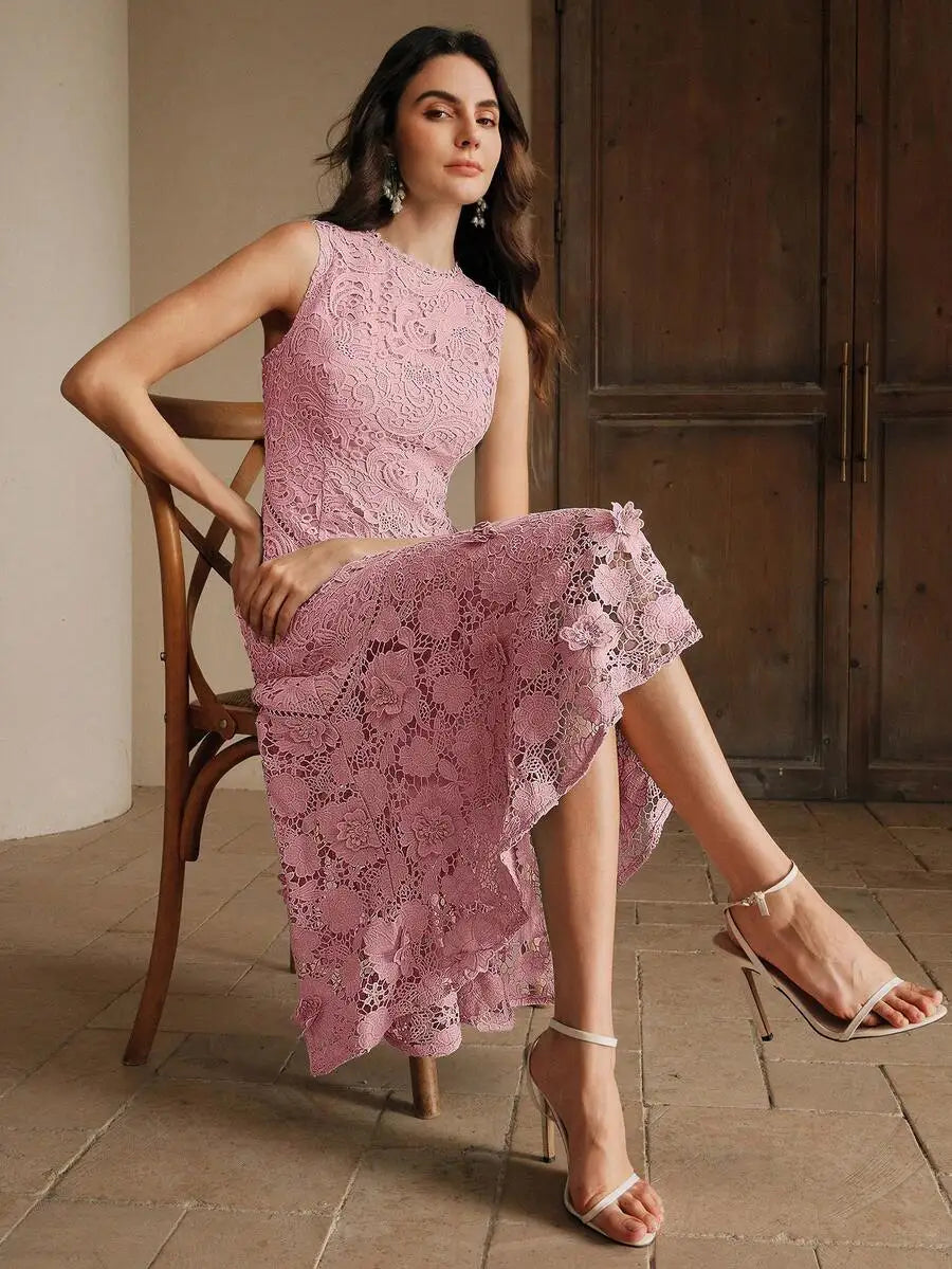 Womens Elegant Round Neck Lace Hollow-Out Patchwork Midi Dress Spring Summer
