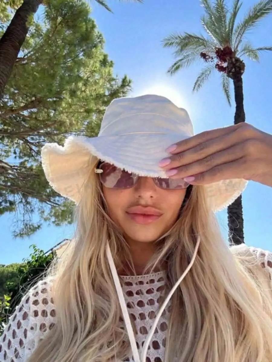 1pc/Set Women's Drawstring Bucket Hat, Adjustable Chin Strap Design, Distressed Effect, Soft Fabric, Sun Protection, Windproof,