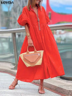 Plus Size 5XL VONDA Elegant Party Wedding Dress Women Autumn 3/4 Lantern Sleeve Pleated Maxi Sundress Casual Fashion Long Robe