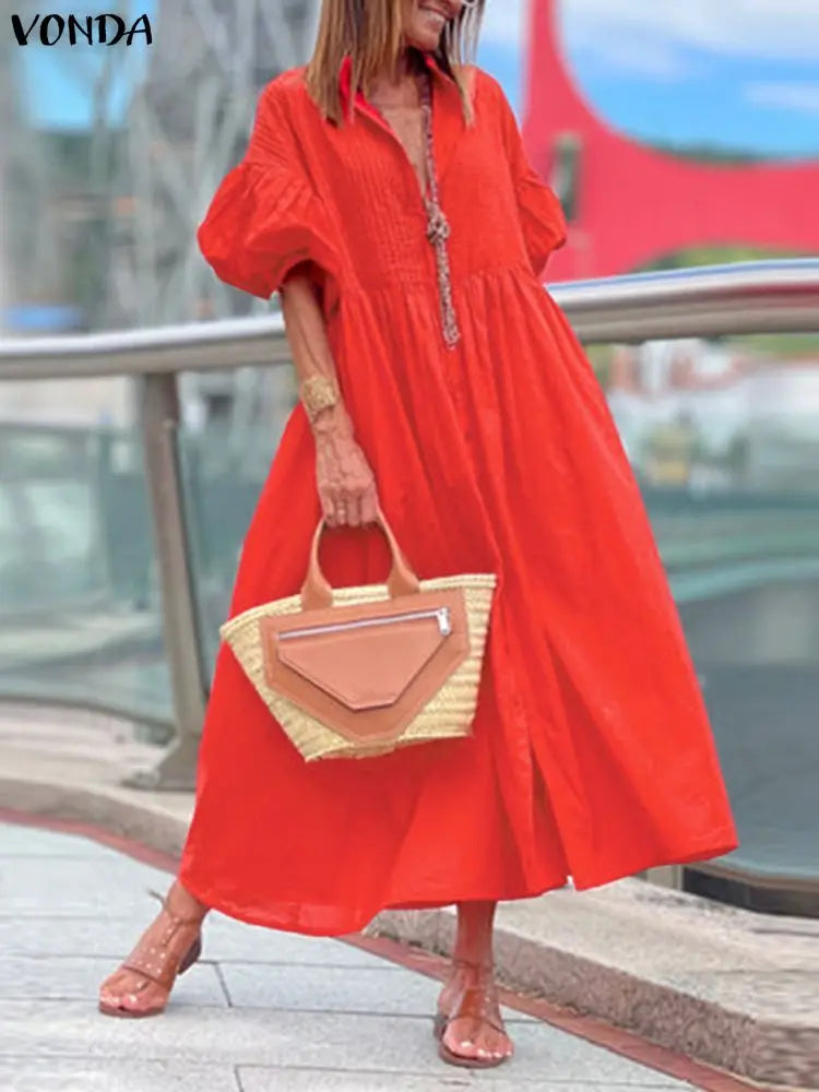 Plus Size 5XL VONDA Elegant Party Wedding Dress Women Autumn 3/4 Lantern Sleeve Pleated Maxi Sundress Casual Fashion Long Robe