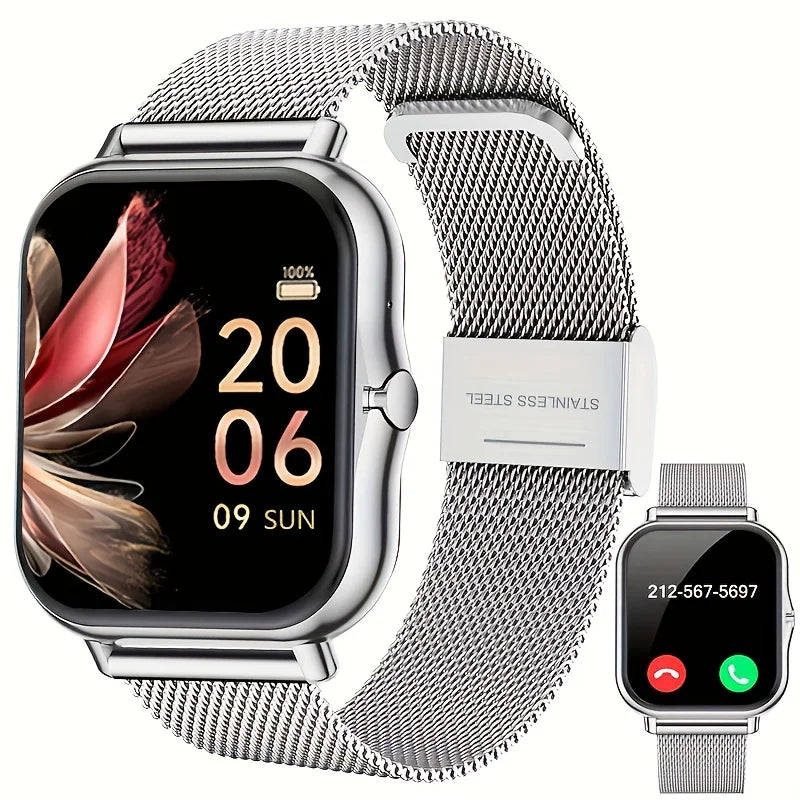 Full Touchscreen Smartwatch for Men and Women, Wireless Bluetooth for Making/answering Calls, 100+ Sports Modes, Weather, Stopwatch, Timer, Alarm Clock, Alloy Case, Stainless Steel Strap, Stylish and Minimalist Design, Compat