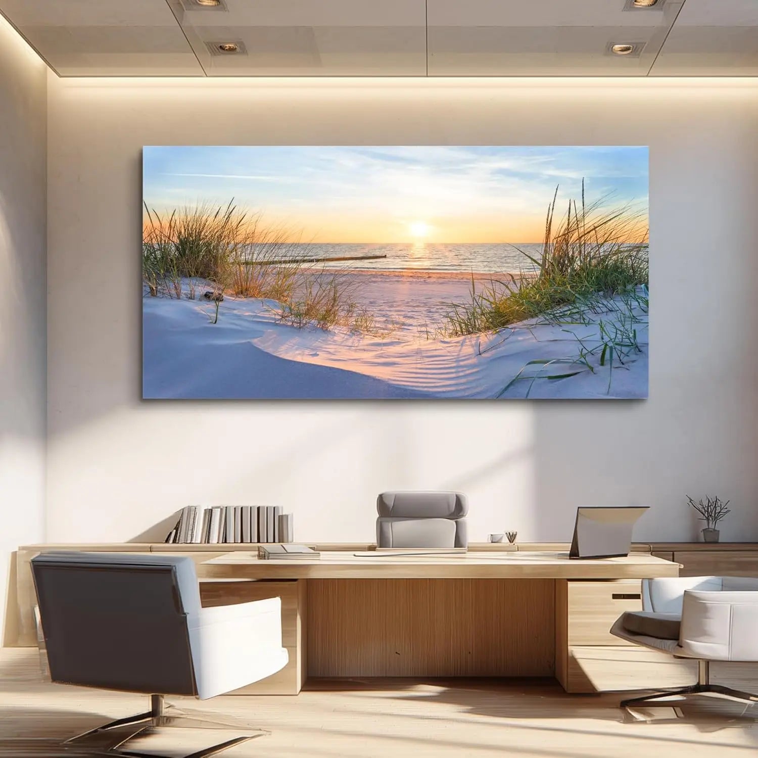 Framed Blue Ocean Beach Sunset Grass Landscape Canvas Wall Art Prints Extra Large, Coastal Seascape Wall Decor for Living Room Bedroom Office Indoor Home Display
