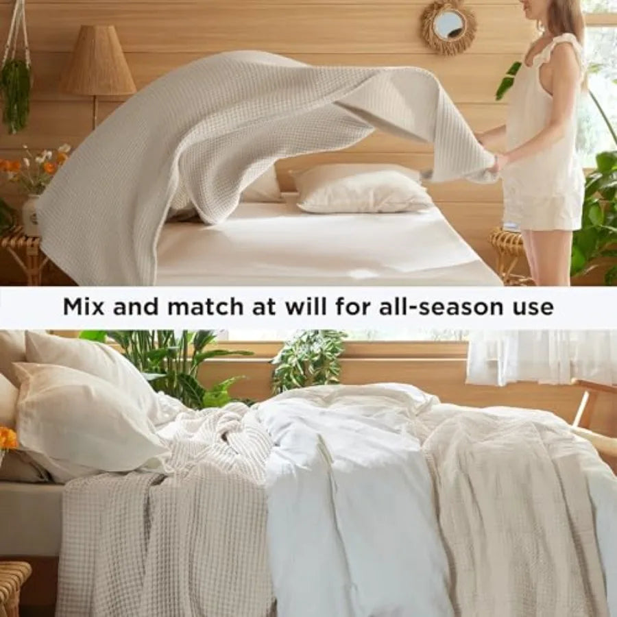 100% Cotton King Size Blanket for Spring Summer, Ultra Soft Waffle Weave King Blanket for Bed, Thin Lightweight Breathable Bedd