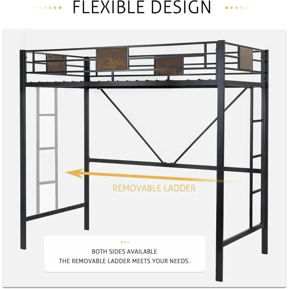 Twin Size Metal Bed Frame with Ladder, Rustic Style, No Box Spring Needed, Space-Saving for Bedrooms or Dorms