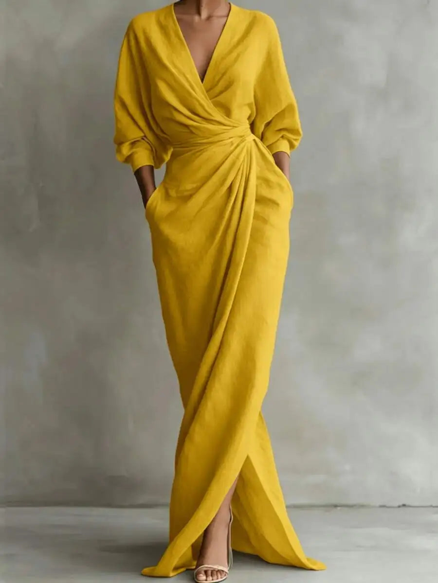 Women V-Neck Solid Cotton Maxi Dress With Draped Detail