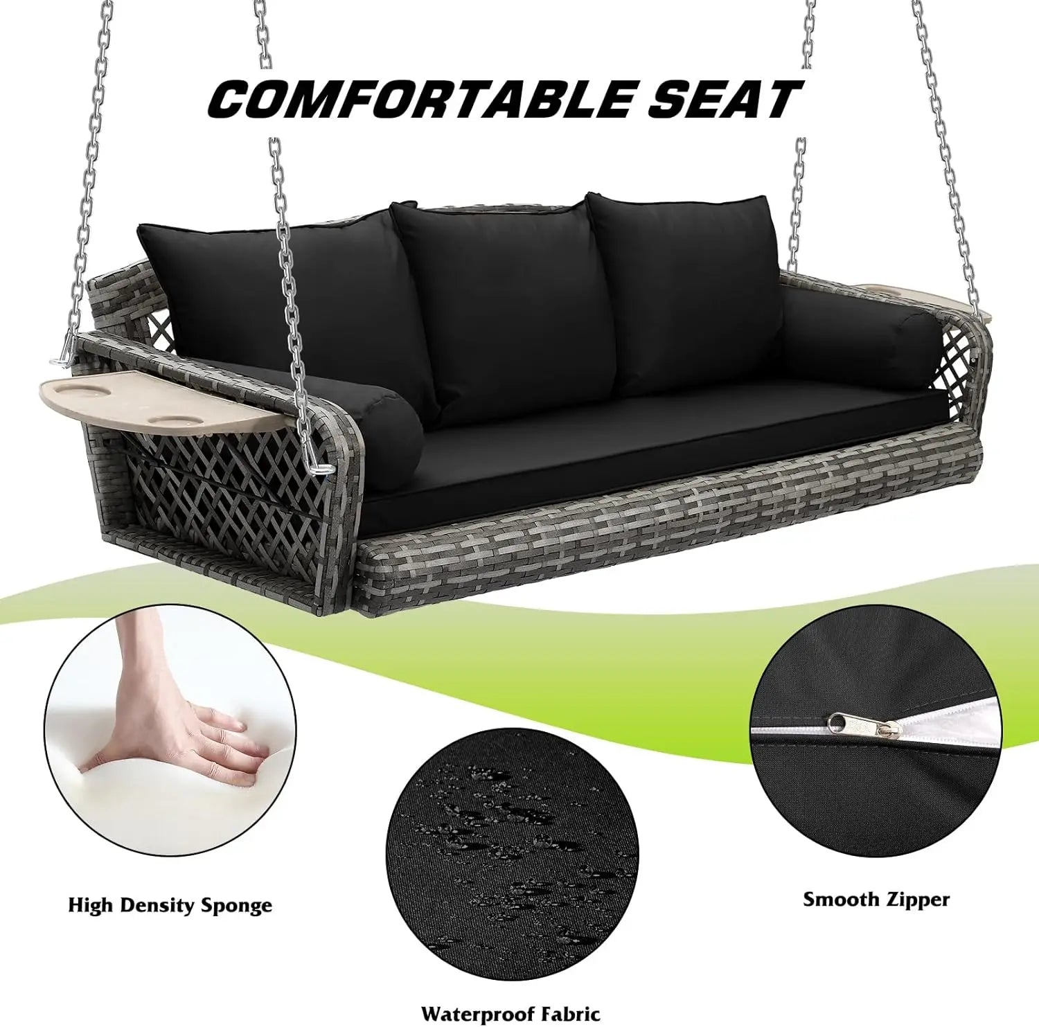 Outdoor Garden Yard Lawn Porch Swing, Wicker, Black Grey Rattan, 3 Person, Cushion, Cup Holder